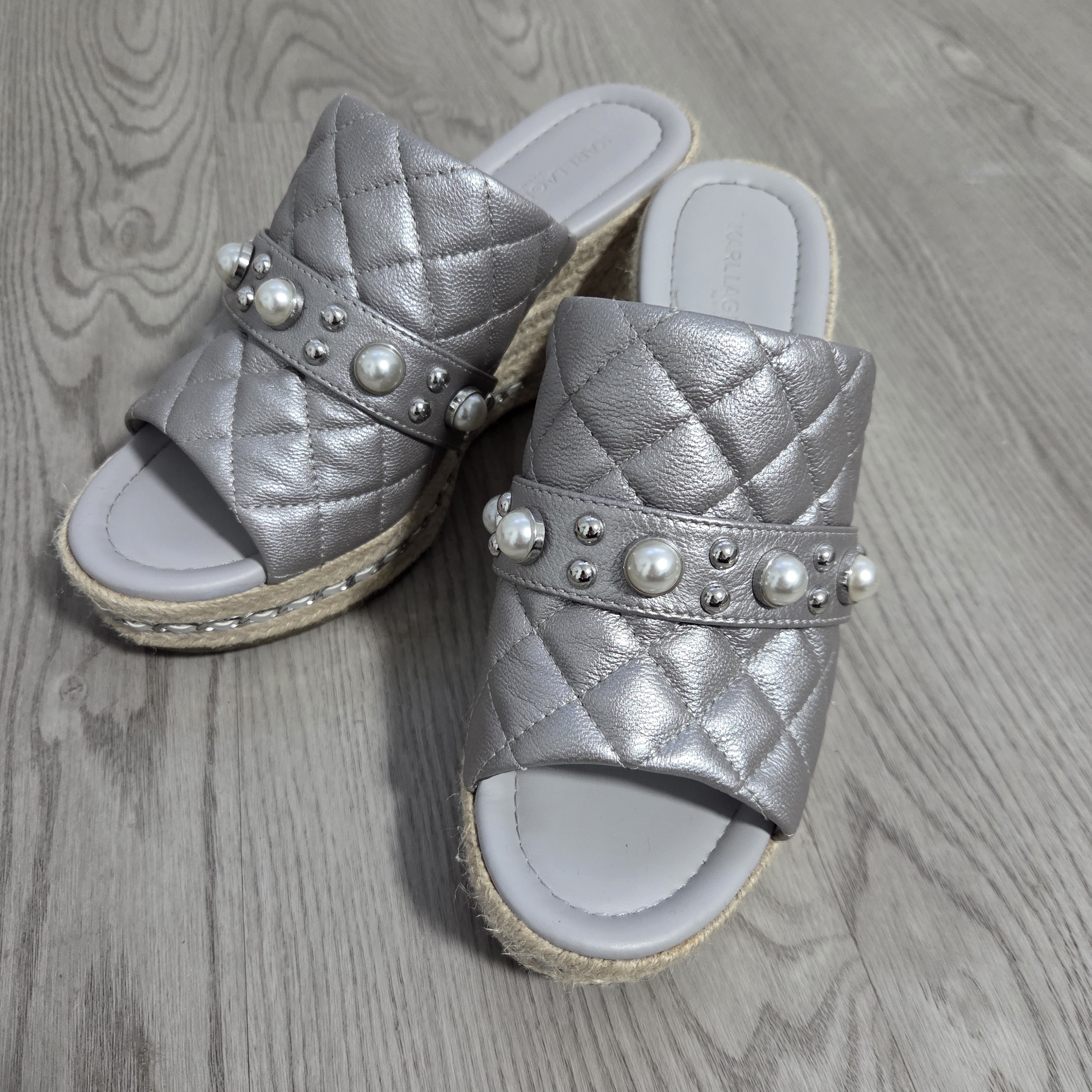 Karl Lagerfeld Silver Quilted Espadrille Sandals With Pearl Accents, Size 8.5